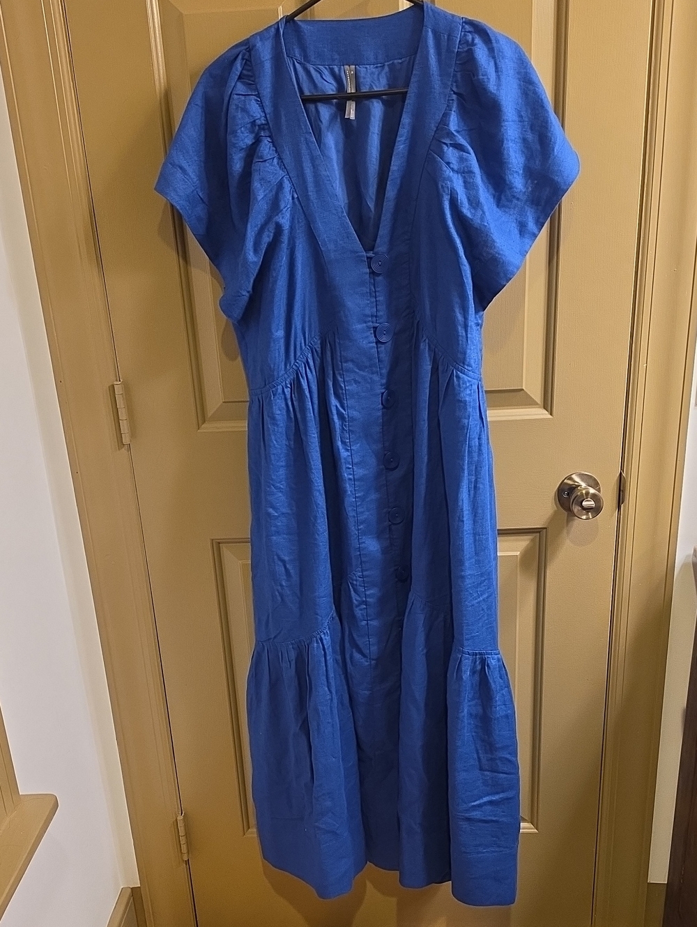Anthropologie The Reneé Linen Flutter-Sleeve Button-Front Midi Dress Blue XL